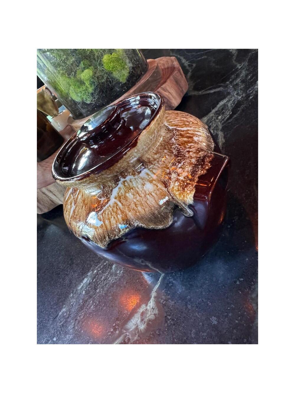 Vintage RRP Co Brown Drip Glaze Ceramic Bean Pot 2Qt Casserole Cookware W/ Lid